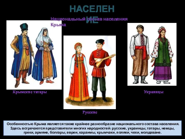 НАСЕЛЕНИЕ Особенностью Крыма является также крайнее разнообразие национального состава населения.