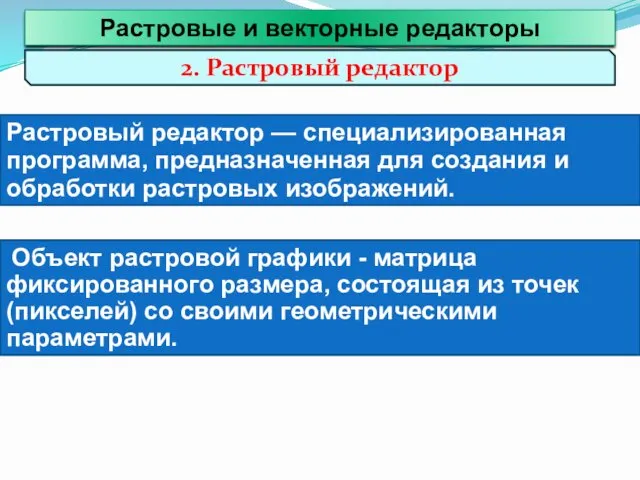 Растровые и векторные редакторы Растровый редактор — специализированная программа, предназначенная