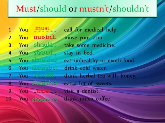 Must/should or mustn’t/shouldn’t You …………….. call for medical help. You