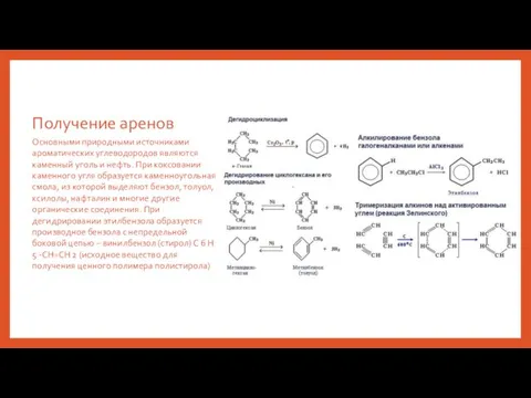 Получение аренов Основными природными источниками ароматических углеводородов являются каменный уголь