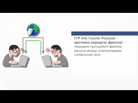 FTР (Fіlе Trаnsfеr Рrоtосоl—протокол передачи файлов) — передача программ и файлов данных между компьютерами глобальной сети.