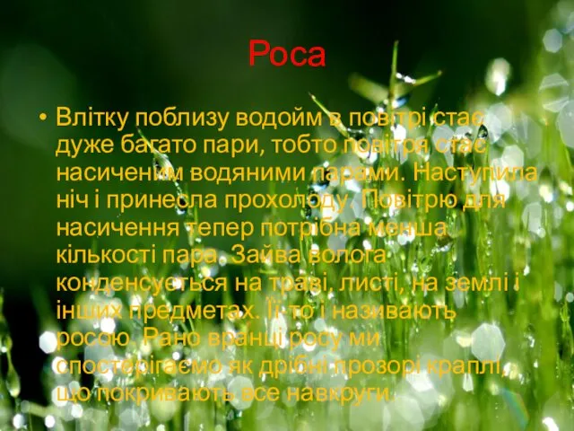 Роса Влітку поблизу водойм в повітрі стає дуже багато пари,