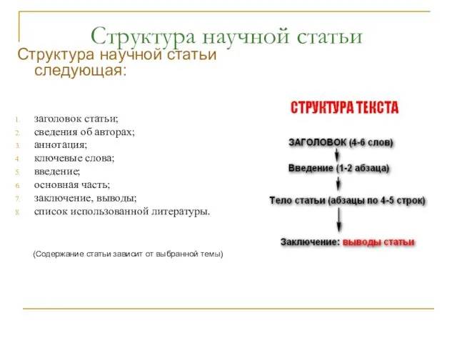 Структура научной статьи Структура научной статьи следующая: заголовок статьи; сведения