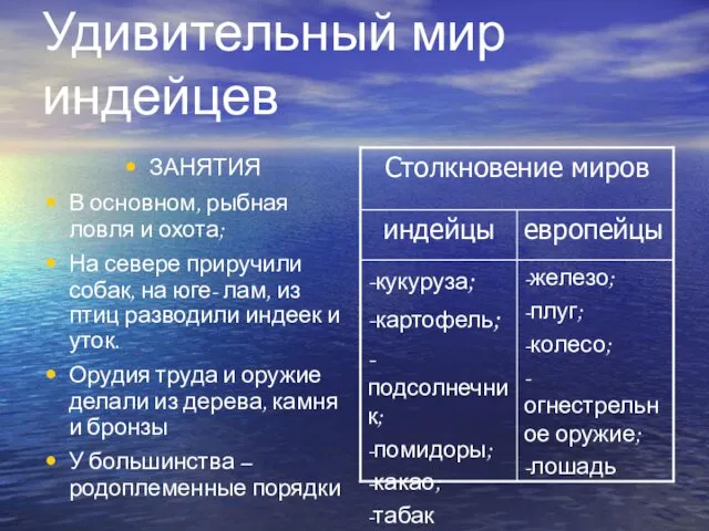 Удивительный мир индейцев ЗАНЯТИЯ В основном, рыбная ловля и охота;