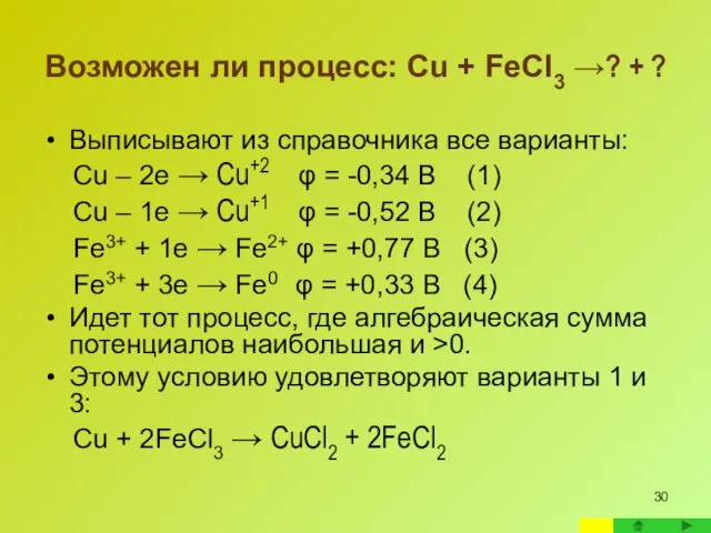 Возможен ли процесс: Cu + FeCl3 →? + ? Выписывают из справочника все