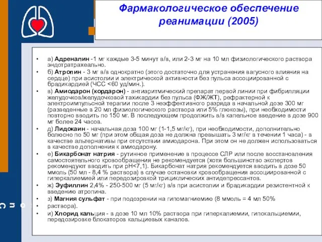 Фармакологическое обеспечение реанимации (2005) а) Адреналин -1 мг каждые 3-5