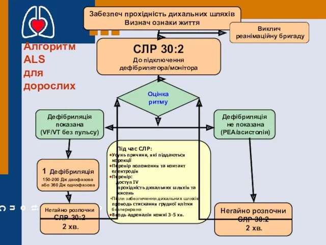 Алгоритм ALS для дорослих СЛР 30:2 До підключення дефібрилятора/монітора Оцінка