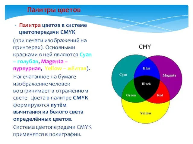 Палитры цветов Палитра цветов в системе цветопередачи CMYK (при печати изображений на принтерах).