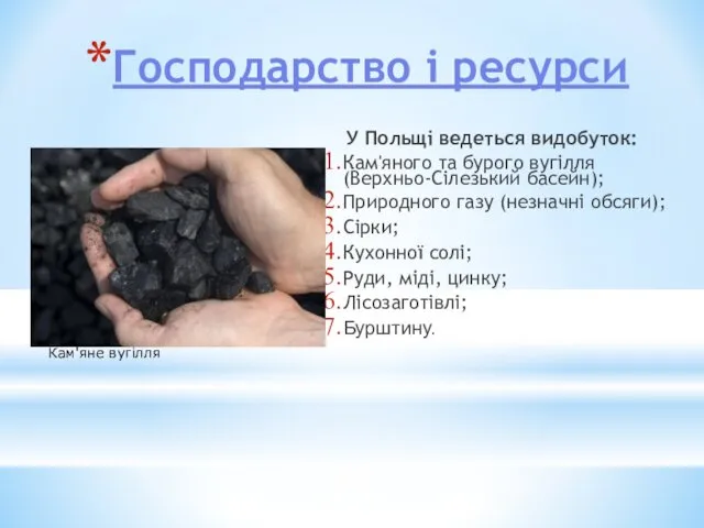 Господарство і ресурси У Польщі ведеться видобуток: Кам'яного та бурого вугілля (Верхньо-Сілезький басейн);