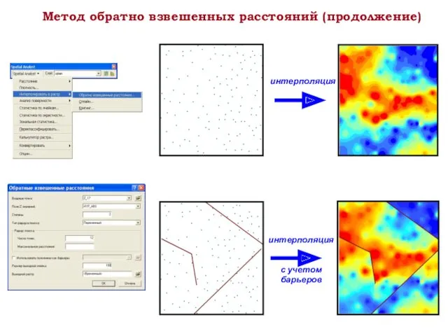 Метод обратно взвешенных расстояний (продолжение) интерполяция интерполяция с учетом барьеров