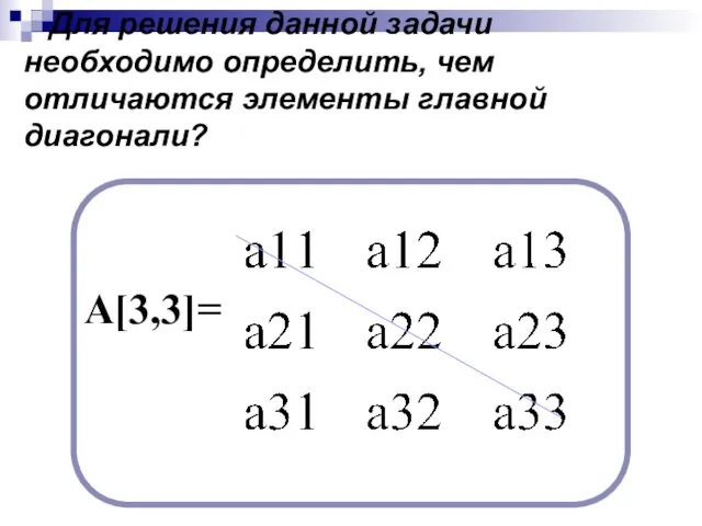 Для решения данной задачи необходимо определить, чем отличаются элементы главной диагонали? А[3,3]=