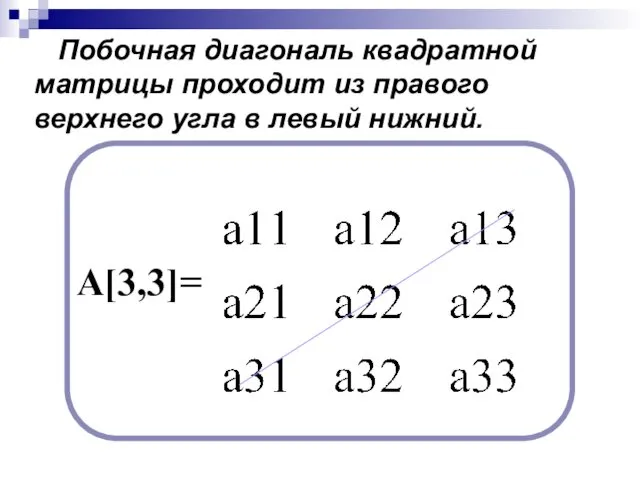 Побочная диагональ квадратной матрицы проходит из правого верхнего угла в левый нижний. А[3,3]=