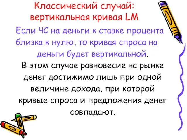 Классический случай: вертикальная кривая LM Если ЧС на деньги к