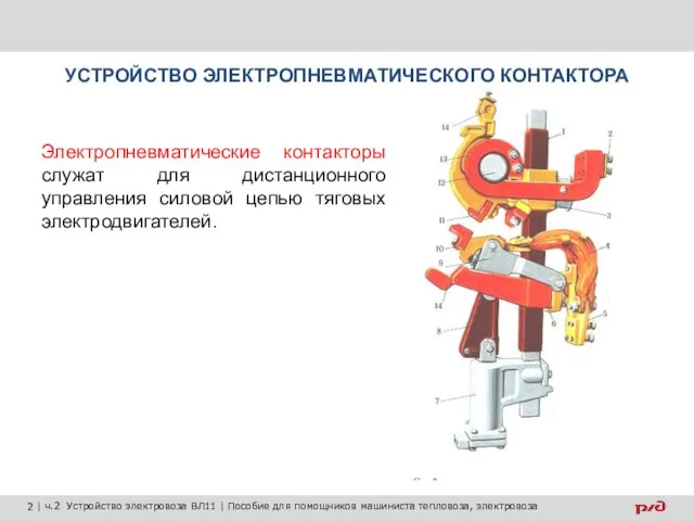 УСТРОЙСТВО ЭЛЕКТРОПНЕВМАТИЧЕСКОГО КОНТАКТОРА Электропневматические контакторы служат для дистанционного управления силовой цепью тяговых электродвигателей.