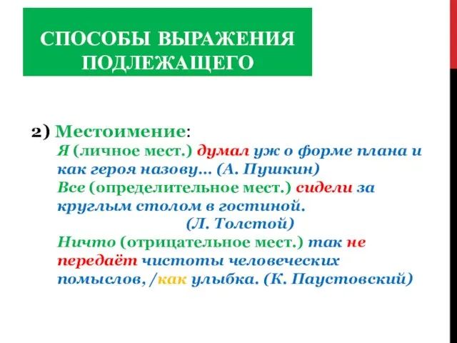 СПОСОБЫ ВЫРАЖЕНИЯ ПОДЛЕЖАЩЕГО 2) Местоимение: Я (личное мест.) думал уж