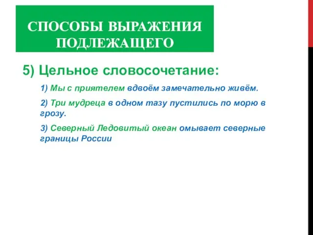 СПОСОБЫ ВЫРАЖЕНИЯ ПОДЛЕЖАЩЕГО 5) Цельное словосочетание: 1) Мы с приятелем