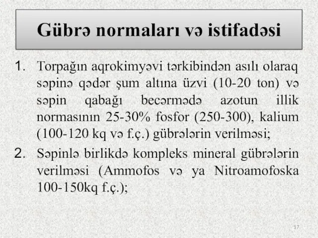 Gübrə normaları və istifadəsi Torpağın aqrokimyəvi tərkibindən asılı olaraq səpinə