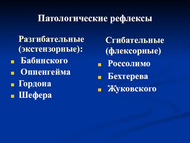 Патологические рефлексы Разгибательные (экстензорные): Бабинского Оппенгейма Гордона Шефера Сгибательные (флексорные) Россолимо Бехтерева Жуковского