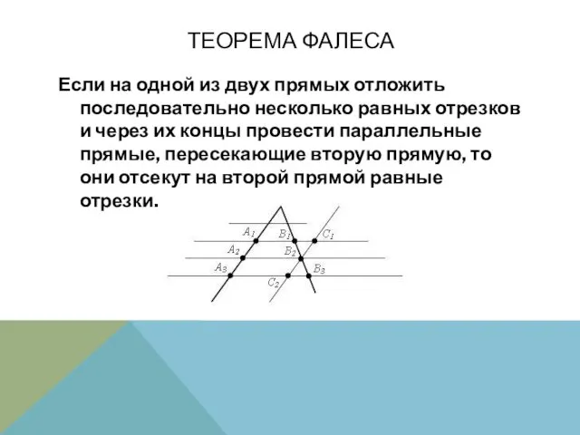 ТЕОРЕМА ФАЛЕСА Если на одной из двух прямых отложить последовательно несколько равных отрезков