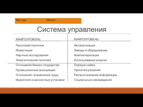 Система управления МАКРОУРОВЕНЬ Налоговая политика Инвестиции Научные исследования Энергетическая политика