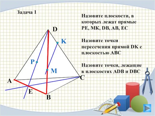 Задача 1 Назовите плоскости, в которых лежат прямые РЕ, МК, DB, AB, EC