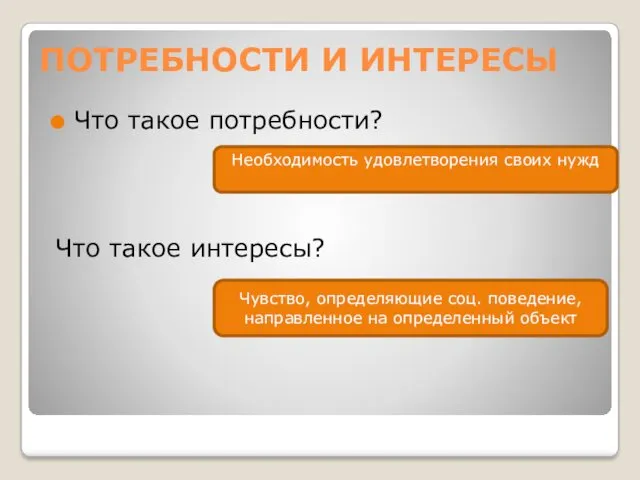 ПОТРЕБНОСТИ И ИНТЕРЕСЫ Что такое потребности? Что такое интересы? Необходимость