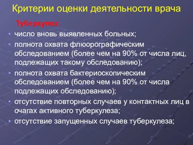 Критерии оценки деятельности врача Туберкулез: число вновь выявленных больных; полнота