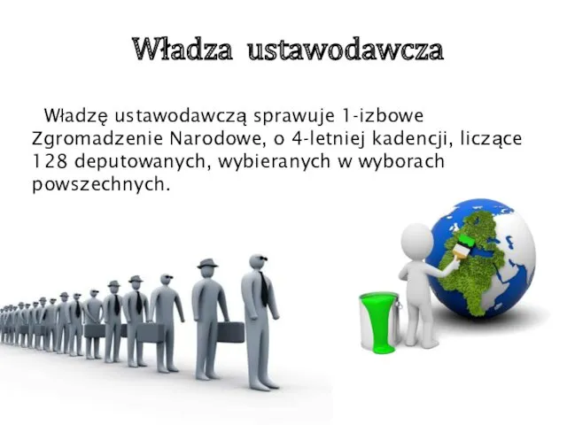 Władza ustawodawcza Władzę ustawodawczą sprawuje 1-izbowe Zgromadzenie Narodowe, o 4-letniej