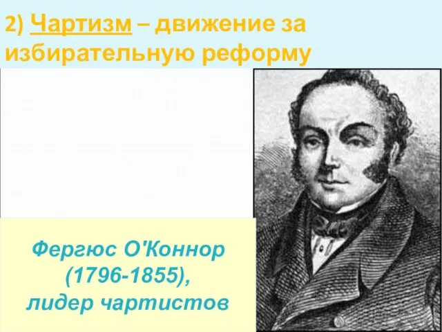 2) Чартизм – движение за избирательную реформу Фергюс О'Коннор (1796-1855), лидер чартистов