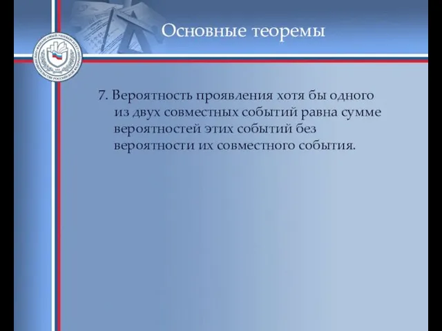 Основные теоремы 7. Вероятность проявления хотя бы одного из двух