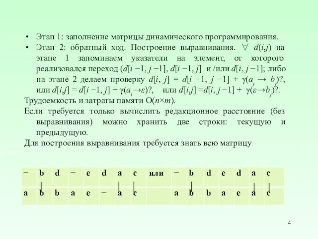 Этап 1: заполнение матрицы динамического программирования. Этап 2: обратный ход.