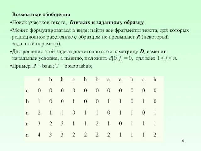 Возможные обобщения Поиск участков текста, близких к заданному образцу. Может