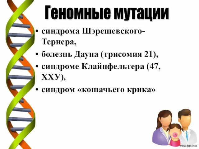 синдрома Шэрешевского-Тернера, болезнь Дауна (трисомия 21), синдроме Клайнфельтера (47,ХХУ), синдром «кошачьего крика» Геномные мутации