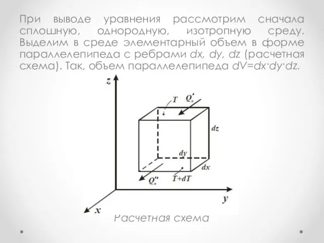 При выводе уравнения рассмотрим сначала сплошную, однородную, изотропную среду. Выделим