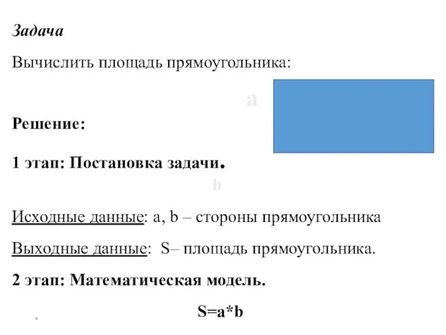 * Задача Вычислить площадь прямоугольника: a Решение: 1 этап: Постановка задачи. b Исходные