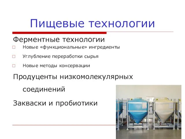 Пищевые технологии Ферментные технологии Новые «функциональные» ингредиенты Углубление переработки сырья