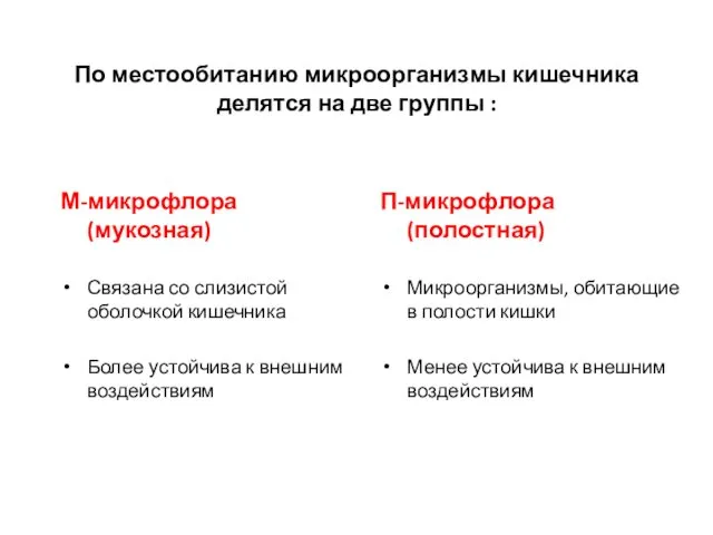 По местообитанию микроорганизмы кишечника делятся на две группы : М-микрофлора