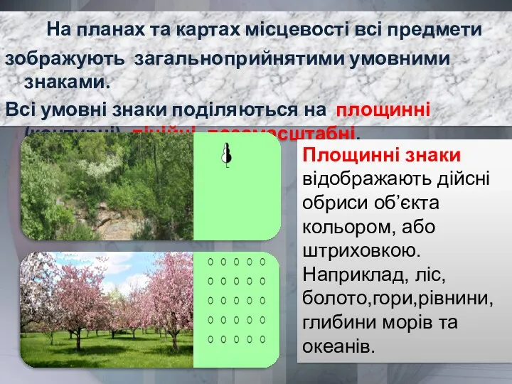 На планах та картах місцевості всі предмети зображують загальноприйнятими умовними