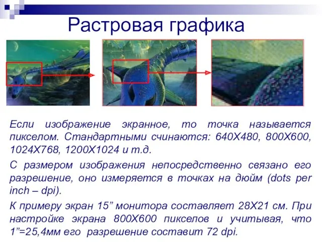 Растровая графика Если изображение экранное, то точка называется пикселом. Стандартными