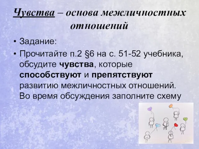 Чувства – основа межличностных отношений Задание: Прочитайте п.2 §6 на