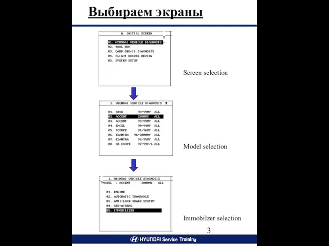 Screen selection Model selection Выбираем экраны Immobilzer selection