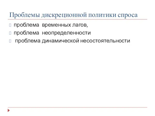 Проблемы дискреционной политики спроса проблема временных лагов, проблема неопределенности проблема динамической несостоятельности