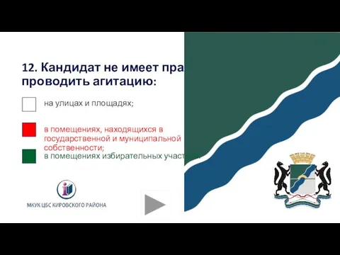 12. Кандидат не имеет право проводить агитацию: на улицах и