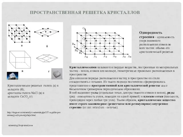 ПРОСТРАНСТВЕННАЯ РЕШЕТКА КРИСТАЛЛОВ Кристаллические решетки галита (а) и кальцита (б);