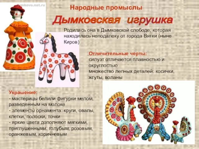 Народные промыслы Дымковская игрушка Родилась она в Дымковской слободе, которая находилась неподалеку от