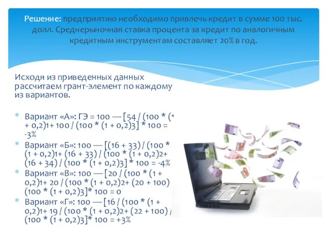 Решение: предприятию необходимо привлечь кредит в сумме 100 тыс. долл.