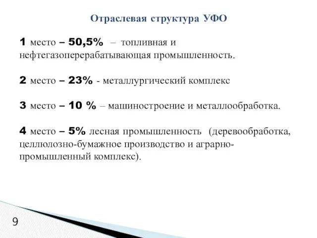 Отраслевая структура УФО 9 1 место – 50,5% – топливная