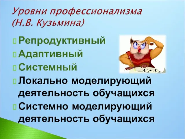 Репродуктивный Адаптивный Системный Локально моделирующий деятельность обучащихся Системно моделирующий деятельность обучащихся