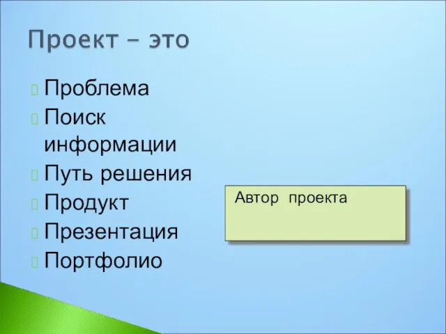 Проблема Поиск информации Путь решения Продукт Презентация Портфолио Автор проекта