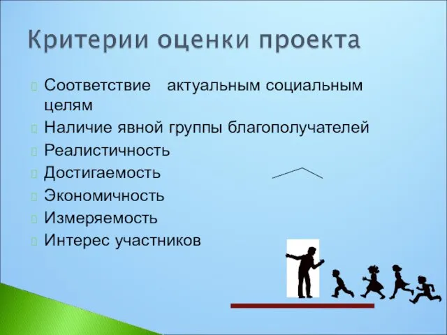 Соответствие актуальным социальным целям Наличие явной группы благополучателей Реалистичность Достигаемость Экономичность Измеряемость Интерес участников